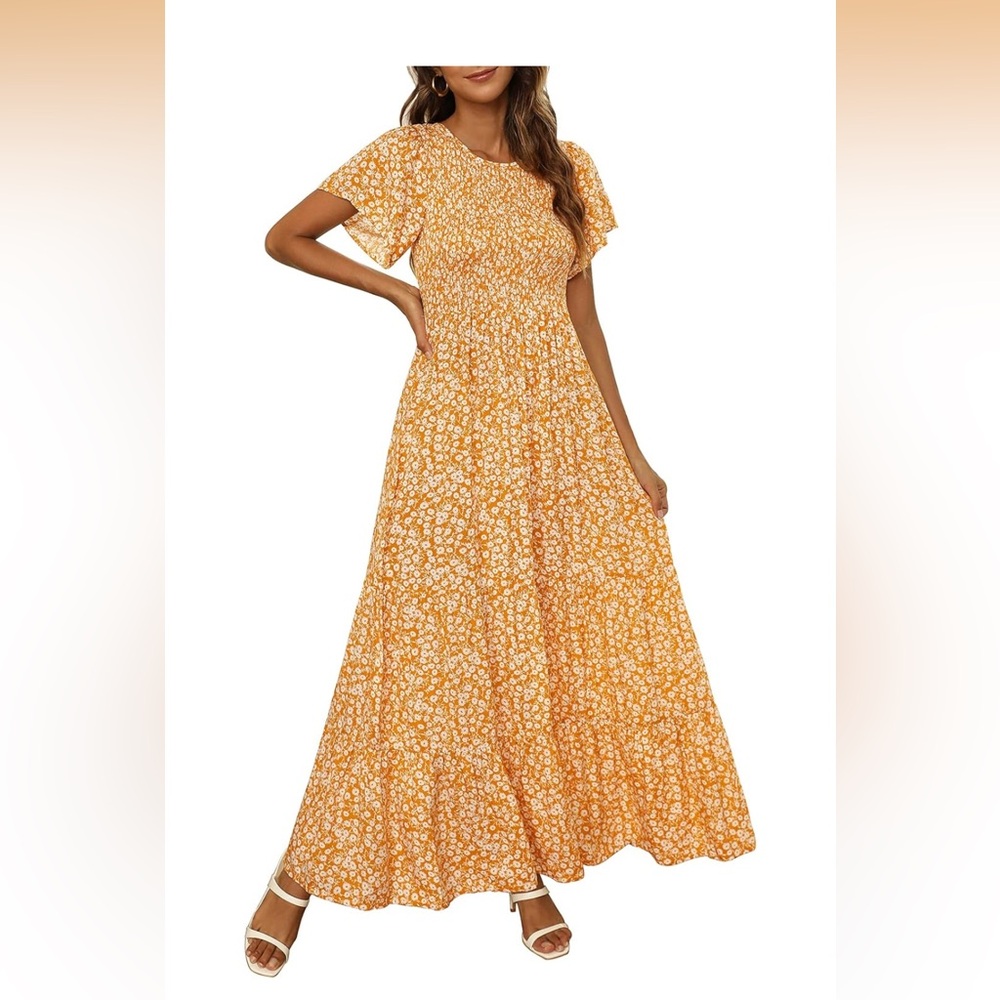 Summer Fall Crewneck Short Sleeve Smocked Floral Maxi Dress